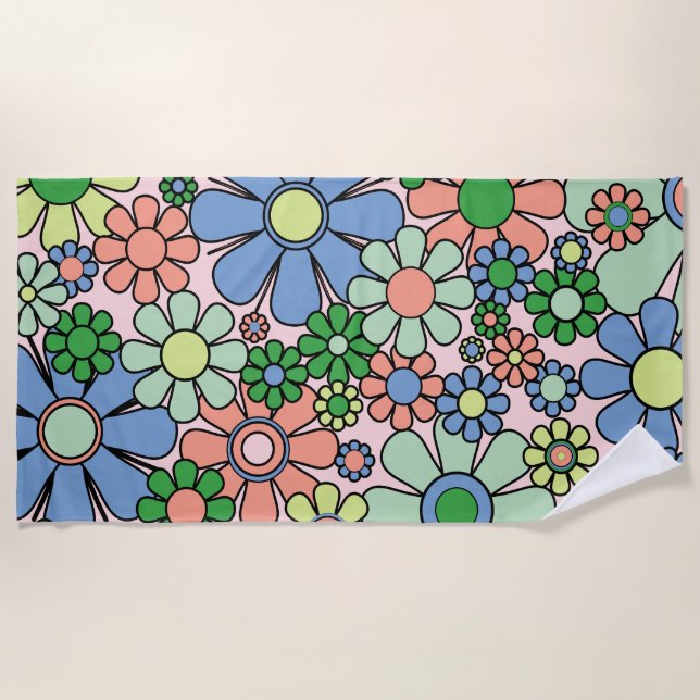 Retro Garden Flowers Groovy 60s 70s Spring Pastel Beach Towel (Front)