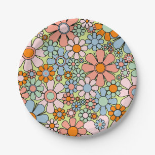 Retro Garden Flowers Groovy 60s 70s Spring Pattern Paper Plate