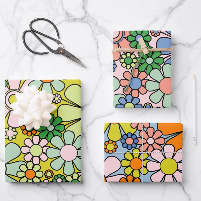 Retro Garden Flowers Groovy 60s 70s Spring Pattern Wrapping Paper Sheet (Front)