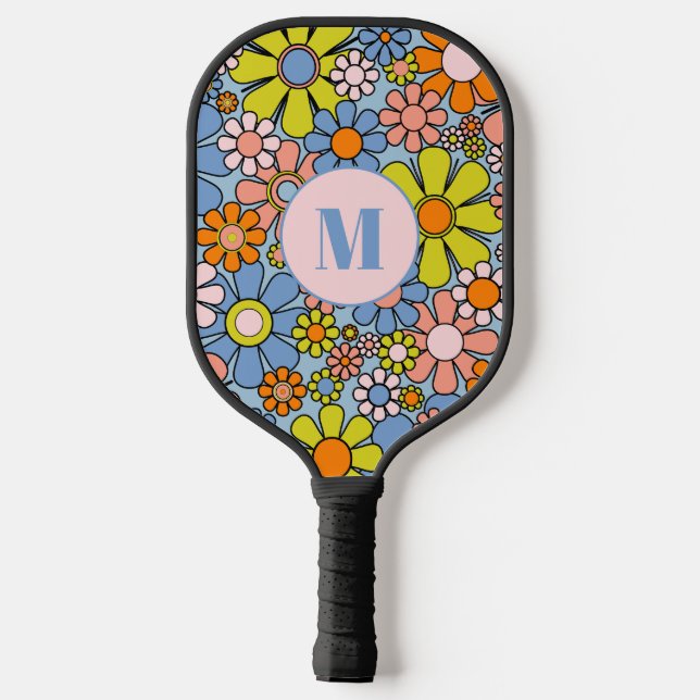 Retro Garden Flowers Groovy 60s Floral Initial Pickleball Paddle (Back)