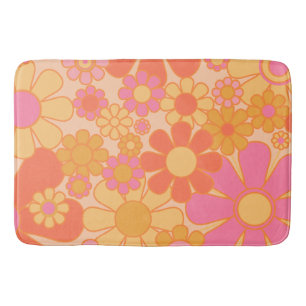 Retro Garden Flowers Groovy Floral Pink Yellow  Bath Mat