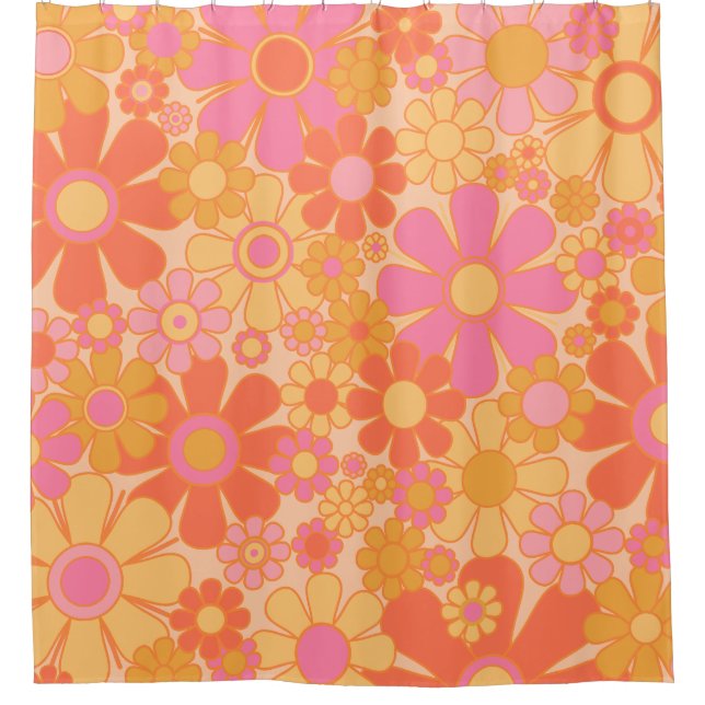 Retro Garden Flowers Groovy Floral Pink Yellow  Shower Curtain (Front)