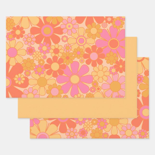 Retro Garden Flowers Groovy Floral Pink Yellow  Wrapping Paper Sheet (Set)