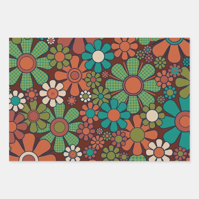Retro Garden Gingham Flowers 60s 70s Floral Wrapping Paper Sheet (Front)