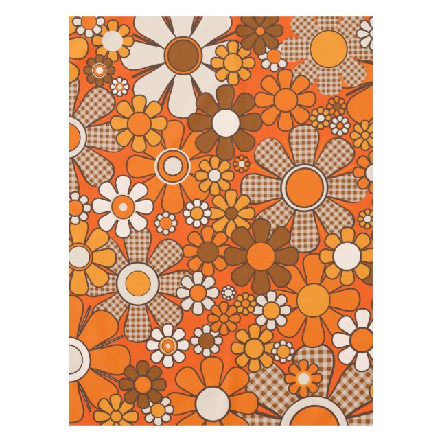 Retro Garden Gingham Flowers 60s 70s Groovy Floral Tablecloth (Front)