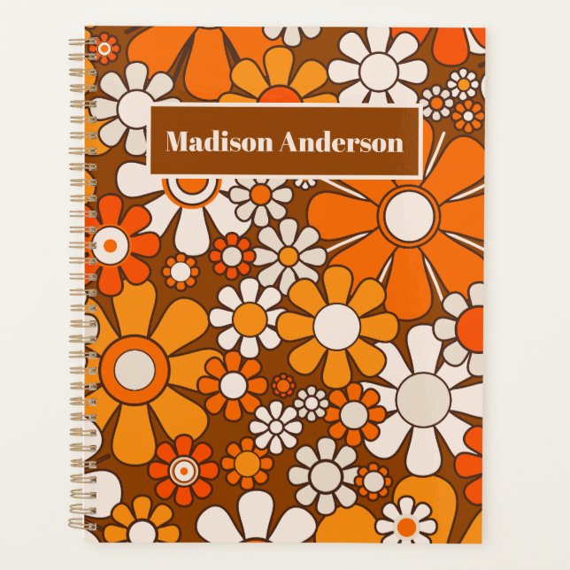 Retro Garden Groovy 70s Flowers Brown & Orange Planner (Front)