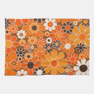 Retro Garden Groovy Floral 60s 70s Orange Pattern Tea Towel