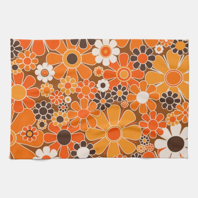 Retro Garden Groovy Floral 60s 70s Orange Pattern Tea Towel (Horizontal)