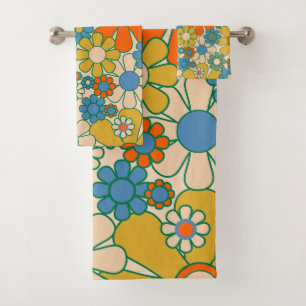 Retro Garden Groovy Floral 60s 70s Pattern Bath Towel Set