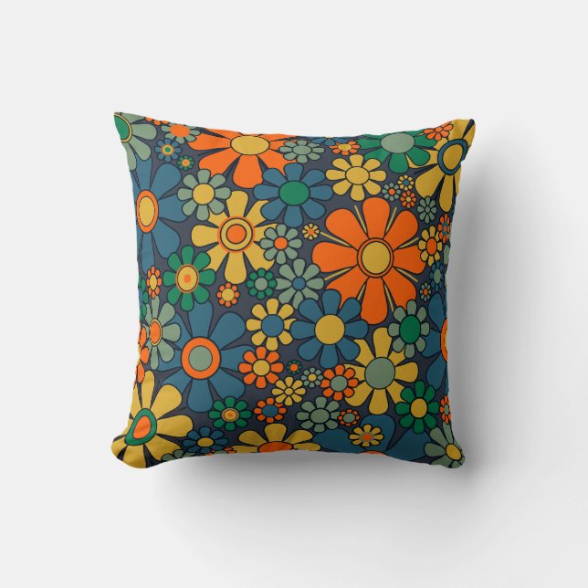 Retro Garden Groovy Floral 60s 70s Pattern Cushion (Front)