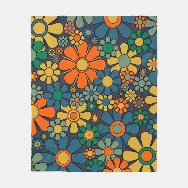 Retro Garden Groovy Floral 60s 70s Pattern Fleece Blanket (Front)