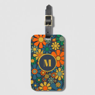 Retro Garden Groovy Floral 60s 70s Pattern Initial Luggage Tag