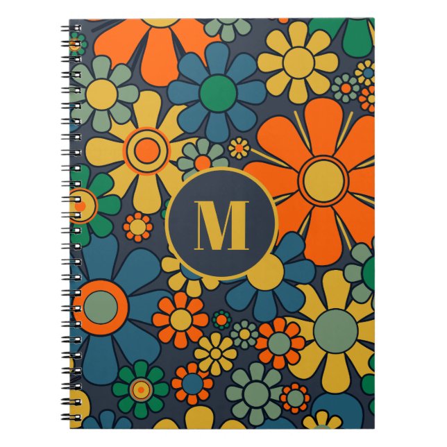 Retro Garden Groovy Floral 60s 70s Pattern Initial Notebook (Front)