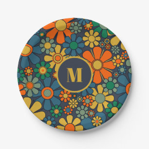Retro Garden Groovy Floral 60s 70s Pattern Initial Paper Plate