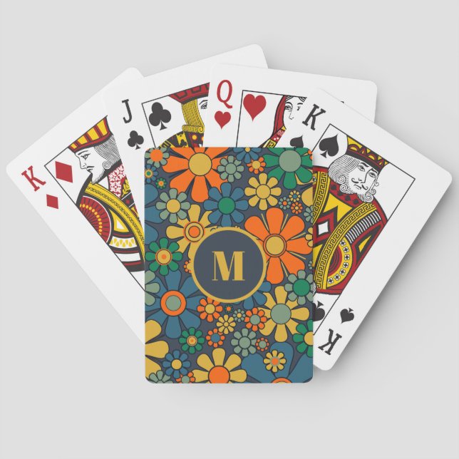 Retro Garden Groovy Floral 60s 70s Pattern Initial Playing Cards (Back)