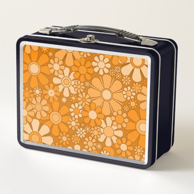 Retro Garden Groovy Floral 60s 70s Pattern Orange Metal Lunch Box (Front)