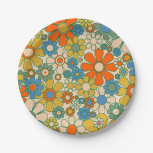 Retro Garden Groovy Floral 60s 70s Pattern Paper Plate