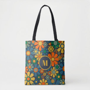 Retro Garden Groovy Floral 60s 70s Pattern Tote Bag