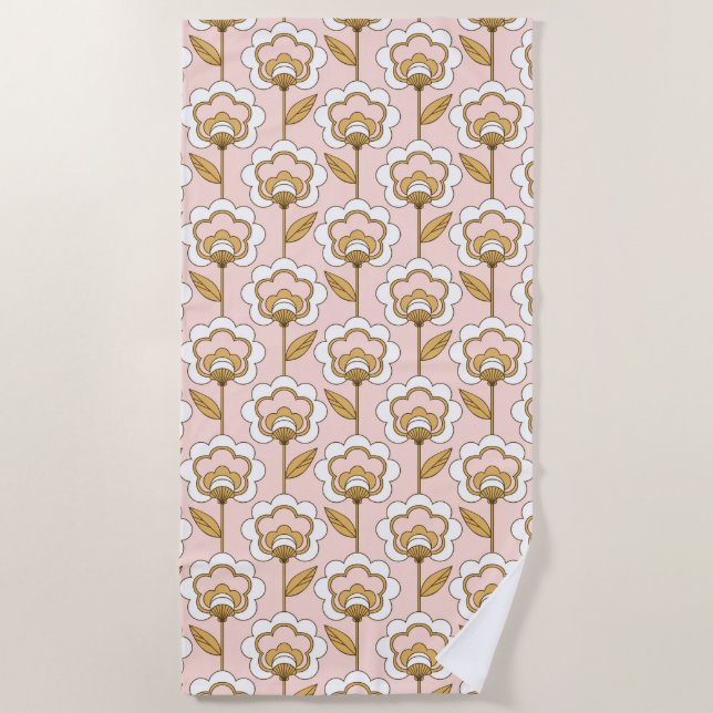 Retro Garden Pink Floral Pattern Beach Towel (Front)