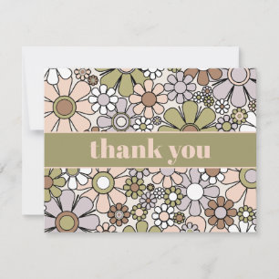 Retro Garden Vintage 60s 70s Floral Olive Green Thank You Card