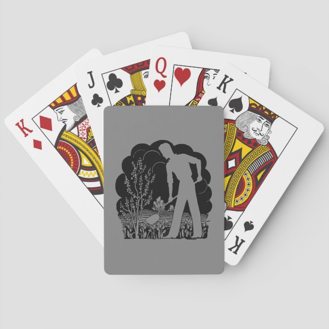 Retro Gardener Silhouette Grey Playing Cards (Back)