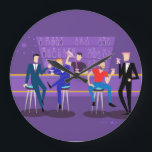 Retro Gay Bar Acrylic Round Wall Clock<br><div class="desc">This Retro Gay Bar Acrylic Round Wall Clock design is purple, kitschy, and utterly fabulous! Sitting on mid century modern barstools, drinking their fun, pink beverages, these dapper gentlemen are having a gay ol’ time. The hunky bartender with a pink bowtie is already pouring the next round. The silhouettes of...</div>