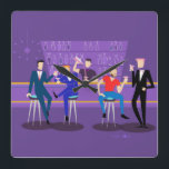 Retro Gay Bar Acrylic Wall Clock<br><div class="desc">This Retro Gay Bar Acrylic Wall Clock design is purple, kitschy, and utterly fabulous! Sitting on mid century modern barstools, drinking their fun, pink beverages, these dapper gentlemen are having a gay ol’ time. The hunky bartender with a pink bowtie is already pouring the next round. The silhouettes of atomic...</div>