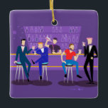 Retro Gay Bar Ceramic Ornament<br><div class="desc">This customisable Retro Gay Bar Ceramic Christmas Ornament design is purple, kitschy, and utterly fabulous! Sitting on mid century modern barstools, drinking their fun, pink beverages, these dapper gentlemen are having a gay ol’ time. The hunky bartender with a pink bowtie is already pouring the next round. The silhouettes of...</div>