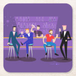 Retro Gay Bar Hard Paper Coaster<br><div class="desc">This Retro Gay Bar Hard Paper Coaster design is purple, kitschy, and utterly fabulous! Sitting on mid century modern barstools, drinking their fun, pink beverages, these dapper gentlemen are having a gay ol’ time. The hunky bartender with a pink bowtie is already pouring the next round. The silhouettes of atomic...</div>