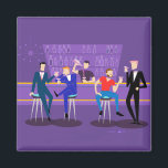 Retro Gay Bar Magnet<br><div class="desc">This Retro Gay Bar Magnet design is purple, kitschy, and utterly fabulous! Sitting on mid century modern barstools, drinking their fun, pink beverages, these dapper gentlemen are having a gay ol’ time. The hunky bartender with a pink bowtie is already pouring the next round. The silhouettes of atomic liquor bottles...</div>