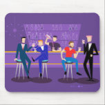 Retro Gay Bar Mousepad<br><div class="desc">This Retro Gay Bar Mouse Pad design is purple, kitschy, and utterly fabulous! Sitting on mid century modern barstools, drinking their fun, pink beverages, these dapper gentlemen are having a gay ol’ time. The hunky bartender with a pink bowtie is already pouring the next round. The silhouettes of atomic liquor...</div>