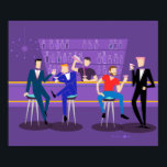 Retro Gay Bar Poster<br><div class="desc">This Retro Gay Bar Poster design is purple, kitschy, and utterly fabulous! Sitting on mid century modern barstools, drinking their fun, pink beverages, these dapper gentlemen are having a gay ol’ time. The hunky bartender with a pink bowtie is already pouring the next round. The silhouettes of atomic liquor bottles...</div>