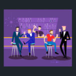 Retro Gay Bar Poster<br><div class="desc">This Retro Gay Bar Poster design is purple, kitschy, and utterly fabulous! Sitting on mid century modern barstools, drinking their fun, pink beverages, these dapper gentlemen are having a gay ol’ time. The hunky bartender with a pink bowtie is already pouring the next round. The silhouettes of atomic liquor bottles...</div>