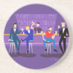 Retro Gay Bar Sandstone Coaster<br><div class="desc">This Retro Gay Bar Sandstone Coaster design is purple, kitschy, and utterly fabulous! Sitting on mid century modern barstools, drinking their fun, pink beverages, these dapper gentlemen are having a gay ol’ time. The hunky bartender with a pink bowtie is already pouring the next round. The silhouettes of atomic liquor...</div>
