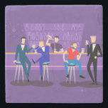 Retro Gay Bar Stone Coaster<br><div class="desc">This Retro Gay Bar Stone Coaster design is purple, kitschy, and utterly fabulous! Sitting on mid century modern barstools, drinking their fun, pink beverages, these dapper gentlemen are having a gay ol’ time. The hunky bartender with a pink bowtie is already pouring the next round. The silhouettes of atomic liquor...</div>
