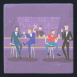 Retro Gay Bar Stone Coaster<br><div class="desc">This Retro Gay Bar Stone Coaster design is purple, kitschy, and utterly fabulous! Sitting on mid century modern barstools, drinking their fun, pink beverages, these dapper gentlemen are having a gay ol’ time. The hunky bartender with a pink bowtie is already pouring the next round. The silhouettes of atomic liquor...</div>