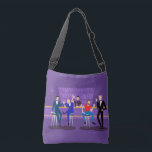 Retro Gay Bar Tote Bag<br><div class="desc">This Retro Gay Bar Tote Bag design is purple, kitschy, and utterly fabulous! Sitting on mid century modern barstools, drinking their fun, pink beverages, these dapper gentlemen are having a gay ol’ time. The hunky bartender with a pink bowtie is already pouring the next round. The silhouettes of atomic liquor...</div>