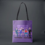 Retro Gay Bar Tote Bag<br><div class="desc">This Retro Gay Bar Tote Bag design is purple, kitschy, and utterly fabulous! Sitting on mid century modern barstools, drinking their fun, pink beverages, these dapper gentlemen are having a gay ol’ time. The hunky bartender with a pink bowtie is already pouring the next round. The silhouettes of atomic liquor...</div>