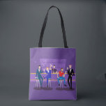 Retro Gay Bar Tote Bag<br><div class="desc">This Retro Gay Bar Tote Bag design is purple, kitschy, and utterly fabulous! Sitting on mid century modern barstools, drinking their fun, pink beverages, these dapper gentlemen are having a gay ol’ time. The hunky bartender with a pink bowtie is already pouring the next round. The silhouettes of atomic liquor...</div>