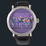 Retro Gay Bar Watch<br><div class="desc">This Retro Gay Bar Watch design is purple, kitschy, and utterly fabulous! Sitting on mid century modern barstools, drinking their fun, pink beverages, these dapper gentlemen are having a gay ol’ time. The hunky bartender with a pink bowtie is already pouring the next round. The silhouettes of atomic liquor bottles...</div>