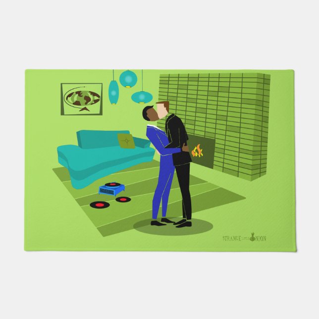 Retro Gay Couple in Love (Interracial) Door Mat (Front)