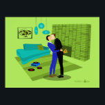 Retro Gay Couple in Love Poster<br><div class="desc">This Retro Gay Couple in Love  design is the perfect blend of passion and kitsch. The 1960s style, minimalist art design features an attractive gay couple kissing in the middle of there impeccably decorated time capsule home. The lime green brick fireplace sets the mood for the well-groomed gentlemen, as the...</div>