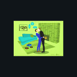 Retro Gay Couple In Love Stretched Canvas Print<br><div class="desc">This Retro Gay Couple in Love  design is the perfect blend of passion and kitsch. The 1960s style, minimalist art design features an attractive gay couple kissing in the middle of there impeccably decorated time capsule home. The lime green brick fireplace sets the mood for the well-groomed gentlemen, as the...</div>