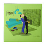 Retro Gay Couple in Love Tile<br><div class="desc">This Retro Gay Couple in Love Tile  design is the perfect blend of passion and kitsch. The 1960s style, minimalist art design features an attractive gay couple kissing in the middle of there impeccably decorated time capsule home. The lime green brick fireplace sets the mood for the well-groomed gentlemen, as...</div>