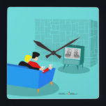 Retro Gay Couple Watching TV Acrylic Wall Clock<br><div class="desc">This Retro Gay Couple Watching TV design is simply fabulous! The 1960s style, minimalist art design features the back of a cosy couple and binging their favourite black and white television show. The sophisticated, turquoise and teal room prominently features a stone wall. The well-dressed men are holding martinis. Cheers to...</div>