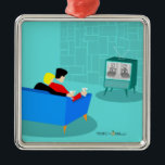 Retro Gay Couple Watching TV Ceramic Ornament<br><div class="desc">This Retro Gay Couple Watching TV design is simply fabulous! The 1960s style, minimalist art design features the back of a cosy couple and binging their favourite black and white television show. The sophisticated, turquoise and teal room prominently features a stone wall. The well-dressed men are holding martinis. Cheers to...</div>