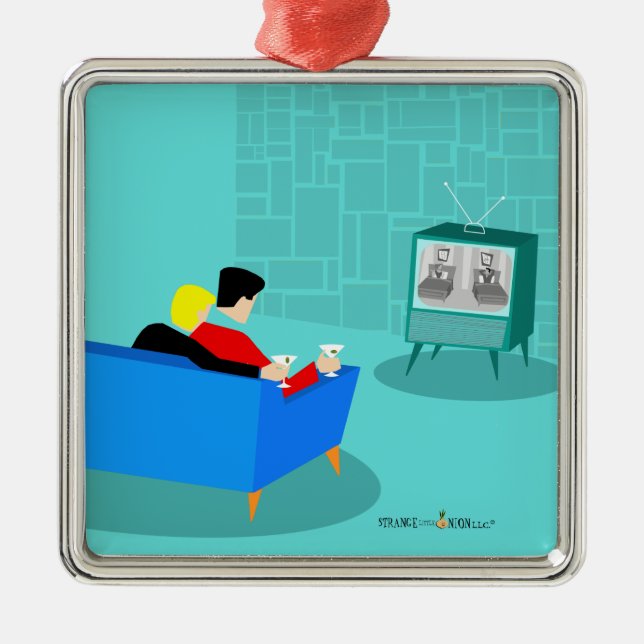 Retro Gay Couple Watching TV Ceramic Ornament (Front)