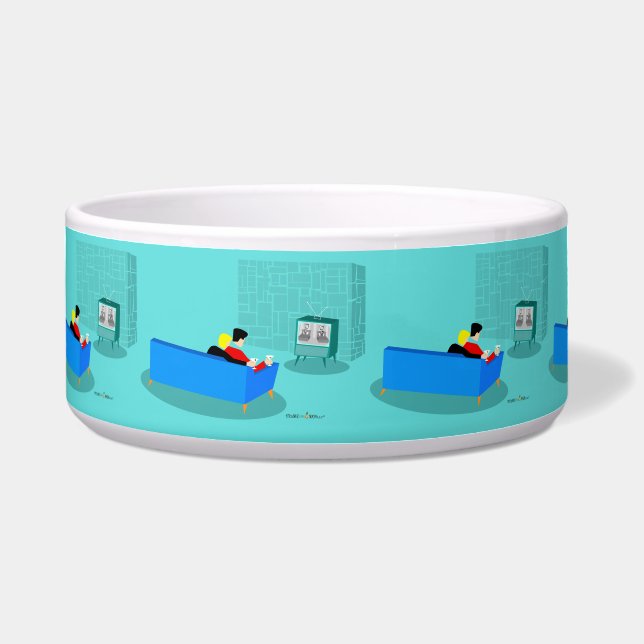 Retro Gay Couple Watching TV Ceramic Pet Bowl (Front)