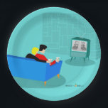 Retro Gay Couple Watching TV Paper Plate<br><div class="desc">This Retro Gay Couple Watching TV design is simply fabulous! The 1960s style, minimalist art design features the back of a cosy couple and binging their favourite black and white television show. The sophisticated, turquoise and teal room prominently features a stone wall. The well-dressed men are holding martinis. Cheers to...</div>