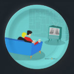Retro Gay Couple Watching TV Paper Plate<br><div class="desc">This Retro Gay Couple Watching TV design is simply fabulous! The 1960s style, minimalist art design features the back of a cosy couple and binging their favourite black and white television show. The sophisticated, turquoise and teal room prominently features a stone wall. The well-dressed men are holding martinis. Cheers to...</div>